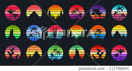 Grunge vintage sunset collection. Colorful striped sunrise badges in 80s and 90s style. Sun and ocean view, summer vibes, surfing. Design element for print, logo or t-shirt. Vector illustration Grunge vintage sunset collection. Colorful striped sunrise badges in 80s and 90s style. Sun and ocean view, summer vibes, surfing. Design element for print, logo or t-shirt. Vector illustration 111796605