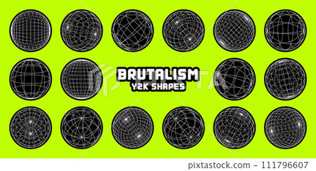 Wireframe shapes, lined sphere. Perspective mesh, 3d grid. Modern trendy low poly geometric elements. Retro futuristic design elements, y2k, vaporwave and synthwave style. Vector illustration 111796607