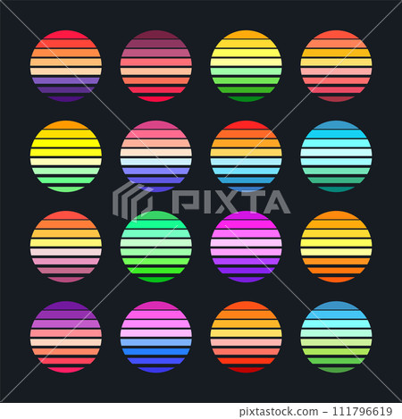 Vintage sunset collection. Colorful striped sunrise badges in 80s and 90s style. Sun and ocean view, summer vibes, surfing. Design element for print, logo or t-shirt. Vector illustration 111796619