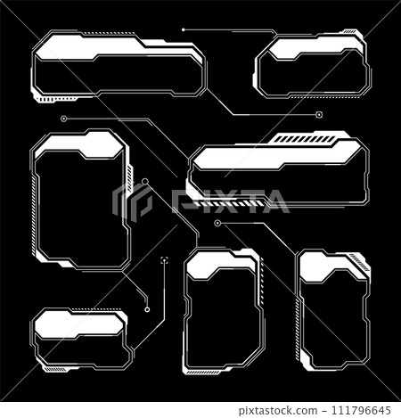 White futuristic HUD, UI elements. Sci-fi user interface text boxes, callouts. Warning message frames, information boxes template. Modern game interface layout in digital style. Vector illustration White futuristic HUD, UI elements. Sci-fi user interface text boxes, callouts. Warning message frames, information boxes template. Modern game interface layout in digital style. Vector illustration 111796645