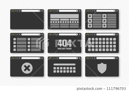 Web browser window, pages layout with toolbar and search field. Modern website, internet page in flat style. Browser mockup for computer, tablet and smartphone. Adaptive UI. Vector illustration 111796703