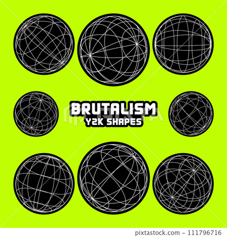 Wireframe shapes, lined sphere. Perspective mesh, 3d grid. Modern trendy low poly geometric elements. Retro futuristic design elements, y2k, vaporwave and synthwave style. Vector illustration 111796716