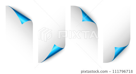 Set of blue paper curls. Curled page corner with shadow. Blank sheet of paper. Colorful shiny foil. Design element for advertising and promotion. Vector illustration. Set of blue paper curls. Curled page corner with shadow. Blank sheet of paper. Colorful shiny foil. Design element for advertising and promotion. Vector illustration. 111796718