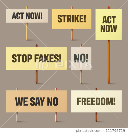 Colorful protest signs with slogan on wooden holder. Realistic vector demonstration banner. Strike action cardboard placard mockup 111796719