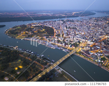 Aerial Drone Night Shot of Belgrade city, Serbia. Capital in Blue Hour and Night time, View from above. 111796783