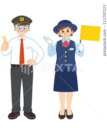 Elderly male driver and female bus guide 111797221