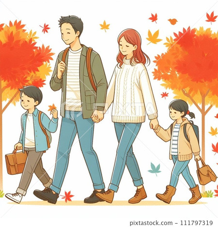 一家人走過秋葉 一家人走過秋葉 111797319