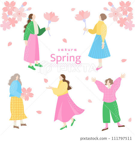 Female simple person illustration spring cherry blossoms Female simple person illustration spring cherry blossoms 111797511