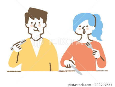A man with chopsticks and a woman with a fork and knife_color 111797655