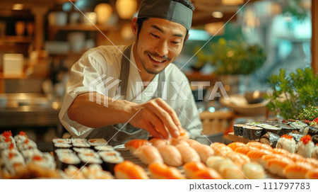 傳統日本料理，壽司師傅準備壽司 111797783