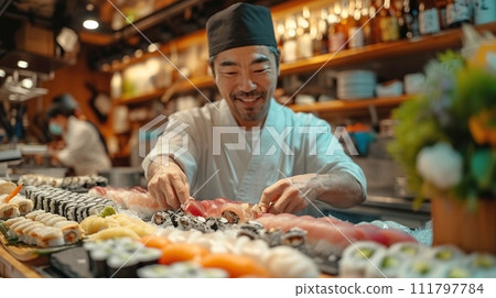 傳統日本料理,壽司師傅準備壽司 傳統日本料理,壽司師傅準備壽司 111797784