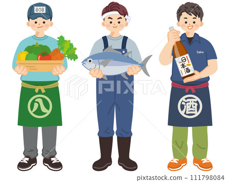 Greengrocer, fishmonger, and liquor store man 111798084