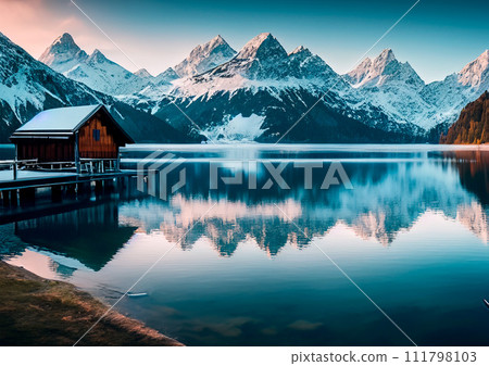 AI-generated image of snow-covered mountains reflected on the surface of water in winter 111798103