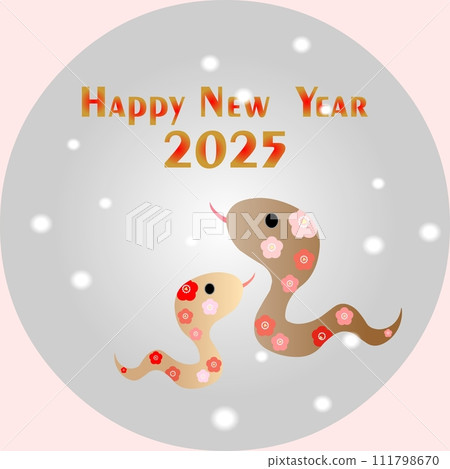 可愛的蛇郵票雪背景2025新年快樂 111798670