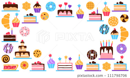Pastry horizontal background with text space. Colorful baked healthy food frame or visit card design. Dessert elements donut cake muffin croissant for business card design flat illustration. 111798706