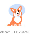 Cute little welsh corgi wearing protective cone isolated on white background. Beautiful purebred dog in veterinary Elizabethan collar design Happy smiling puppy Flat line character illustration 111798780