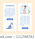 Vet clinic flyer or vertical banner with copy space, button, cat with a bandaged injured paw. Young veterinarian, Welsh corgi in protective cone on veterinary background. Flat line illustration 111798781