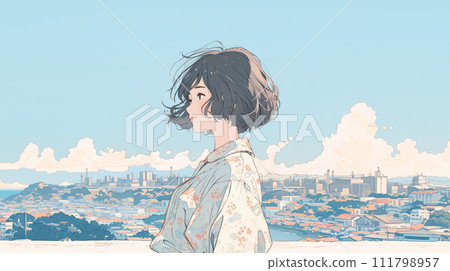 一個女人在海邊城市眺望遠方的插圖 111798957