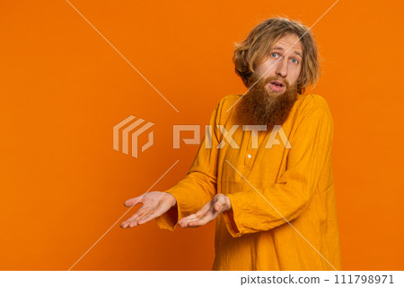 Man raising hands asking what why reason of failure anti lifehacks ridicules disbelief irritation 111798971