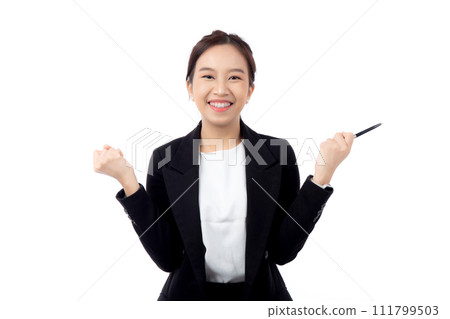 A cheerful young asian businesswoman in a suit, smiling and looking up, holding a pen. A cheerful young asian businesswoman in a suit, smiling and looking up, holding a pen. 111799503