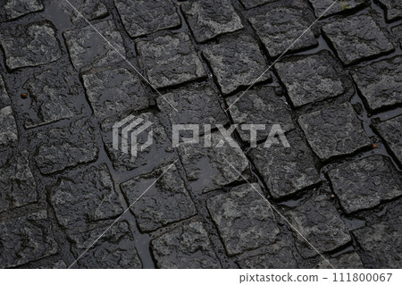 cobblestone ground wet with rain 111800067