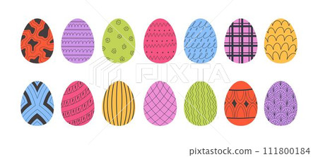 Easter colorful eggs set doodle style. Happy easter hand drawn vector illustration. Different designs and patterns of celebration eggs. Easter colorful eggs set doodle style. Happy easter hand drawn vector illustration. Different designs and patterns of celebration eggs. 111800184