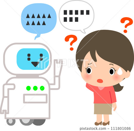 A woman who is having trouble communicating with a robot 111801086
