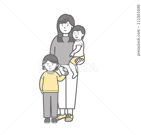 Full body illustration of two small children, a young woman, and a mother 111801686