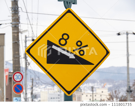 路標(警告標誌)「有一個陡峭的下坡」。 路標(警告標誌)「有一個陡峭的下坡」。 111801735