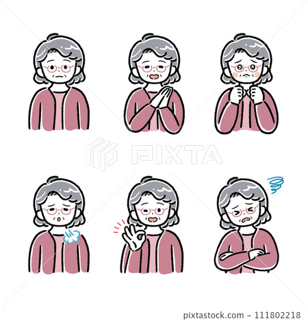 Senior woman set illustration with thick lines (icon, avatar, laugh, cry, depressed, OK, NG) 111802218