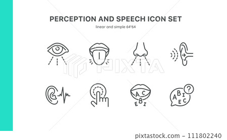 Perception and Speech Icon Set. Thin Linear Illustrations of Vision, Hearing, Taste, Smell, Touch, Communication. Isolated Vector Signs. 111802240