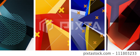 Trendy low poly 3d triangle shapes and other geometric elements background designs for wallpaper, business card, cover, poster, banner, brochure, header, website 111803233
