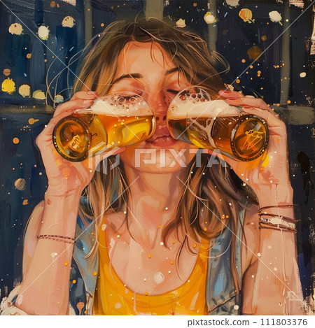 女人喝啤酒 111803376