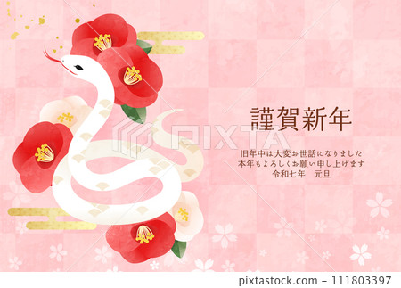 2025 Year of the Snake New Year's card template with Snake and red and white camellia flowers (vector illustration, snake) 111803397