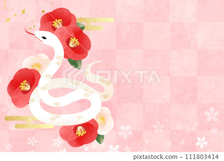 2025 Year of the Snake New Year's card template with Snake and red and white camellia flowers (vector illustration, snake) 111803414