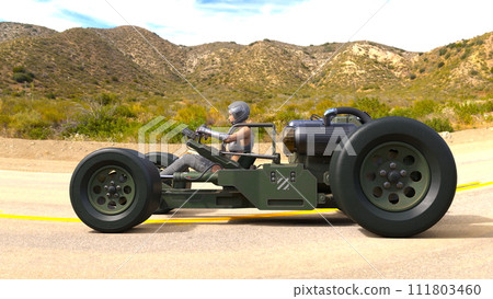 Cyberwoman riding a four-wheeled buggy 111803460