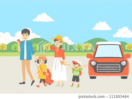 一家人在藍天下開車的插畫 111803464
