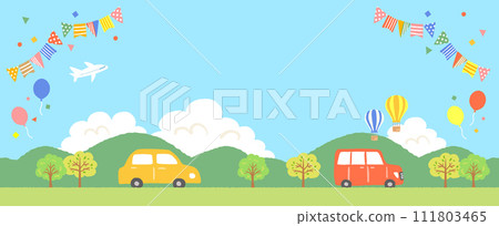 Landscape illustration of blue sky, mountains and cars 111803465
