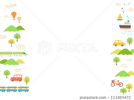 Illustration of a landscape with vehicles, mountains and trees Illustration of a landscape with vehicles, mountains and trees 111803472