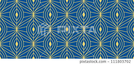 Retro art deco blue and gold seamless pattern. Repeated golden leaf, feather or eye motif. Vintage decorative texture for wallpaper, textile, fabric, print swatch. Vector elegant ornament backdrop Retro art deco blue and gold seamless pattern. Repeated golden leaf, feather or eye motif. Vintage decorative texture for wallpaper, textile, fabric, print swatch. Vector elegant ornament backdrop 111803702
