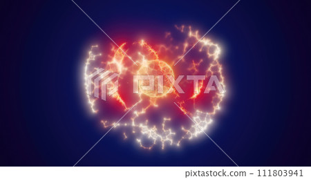 Yellow energy magic circle, sphere, ball made of futuristic waves and lines of particles of atomic energy and electricity force field. Abstract background 111803941