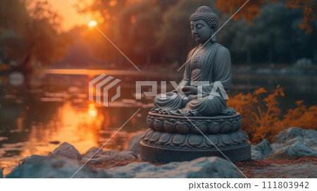 Buddha statue sitting on a lake, Generative AI AI image 111803942