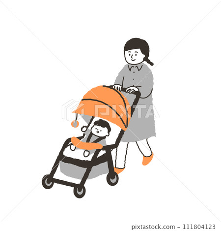 Mom taking a walk with a stroller Mom taking a walk with a stroller 111804123