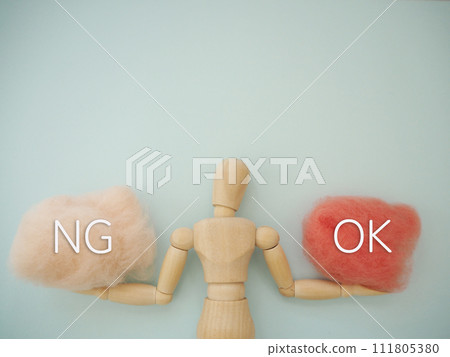 NG on the mannequin's right hand and OK on the left, copy space NG on the mannequin's right hand and OK on the left, copy space 111805380