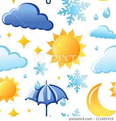 Seamless vector pattern with weather icons with cloud, sun, moon, star. Yellow blue Flat background. 111805419