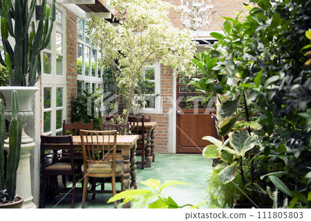 coffee and restaurant terrace with tables and chairs. outdoors exterior. coffee and restaurant terrace with tables and chairs. outdoors exterior. 111805803