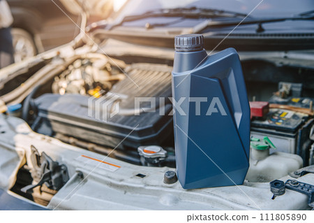 lubricant oil gear liquid with old car open hood engine for service replace maintenance background lubricant oil gear liquid with old car open hood engine for service replace maintenance background 111805890