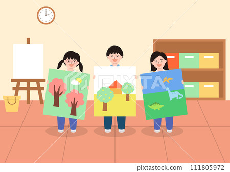 Vector illustration of children holding pictures. Vector illustration of children holding pictures. 111805972