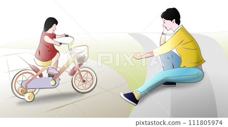 Good at riding a bicycle, under the watchful eye of his mother 111805974