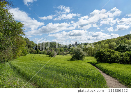 Panoramic image of old Wernerseck castle during Summer in Eifel, Rhineland-Palatinate, Germany near Town OCHTENDUNG Panoramic image of old Wernerseck castle during Summer in Eifel, Rhineland-Palatinate, Germany near Town OCHTENDUNG 111806322